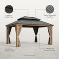 15 Ft. X 13 Ft. Wood Grain Aluminum Double Galvanized Steel Roof Gazebo with Ceiling Hook, Mosquito Netting and Curtains