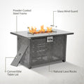 42 In. Gray Rectangle Propane Gas Fire Pit Table 50,000 BTU with Lid, Glass Wind Guard, Waterproof Cover, Lava Rocks