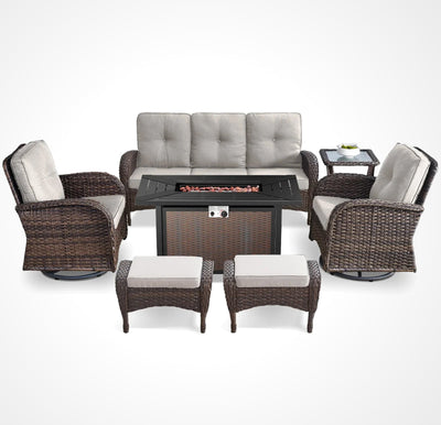 7 Piece Outdoor Patio Furniture Set, Patio Furniture Set with Fire Pit Table Rattan Wicker Patio Furniture Set, Brown Wicker & Beige Cushion