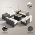 9-Pieces Patio Rattan Furniture Set Fire Pit Table Storage Black with Cover off White