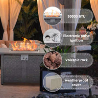 42 In. Gray Rectangle Propane Gas Fire Pit Table 50,000 BTU with Lid, Glass Wind Guard, Waterproof Cover, Lava Rocks