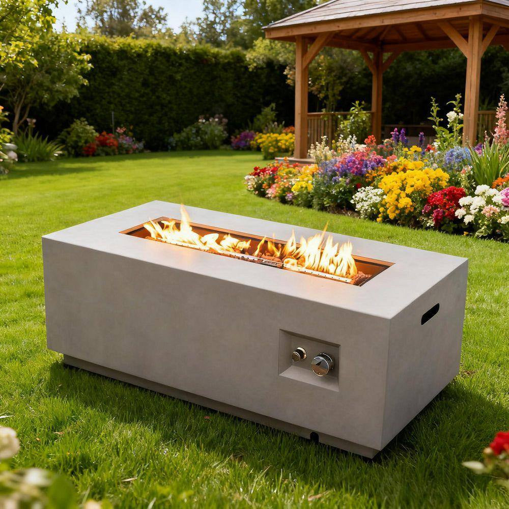 50000 BTU Rectangular Steel Fire Pit 42" Propane Gas Fire Pit Table Gray 2-Pieces for outside with Glass Wind Guard