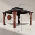 10 Ft. X 12 Ft. Wood Grain Aluminum Gazebo Galvanized Steel Double Top Roof with Curtains and Textilene Netting