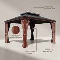 10 Ft. X 12 Ft. Wood Grain Aluminum Gazebo Galvanized Steel Double Top Roof with Curtains and Textilene Netting — Lifestyle