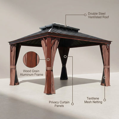 10 Ft. X 12 Ft. Wood Grain Aluminum Gazebo Galvanized Steel Double Top Roof with Curtains and Textilene Netting