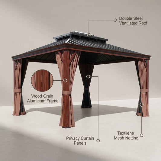 10 Ft. X 12 Ft. Wood Grain Aluminum Gazebo Galvanized Steel Double Top Roof with Curtains and Textilene Netting — Lifestyle