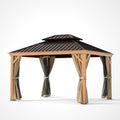 10 Ft. X 12 Ft. Double Roof Hardtop Wood Grain Aluminum Patio Gazebo with Netting and Khaki Curtains