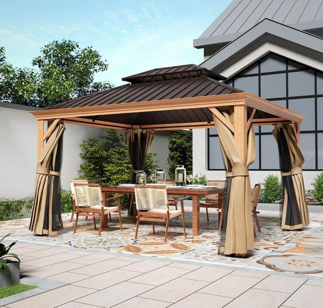 10 Ft. X 12 Ft. Double Roof Hardtop Wood Grain Aluminum Patio Gazebo with Netting and Khaki Curtains
