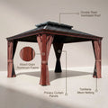 10 Ft. X 12 Ft. Wood Grain Aluminum Gazebo Galvanized Steel Double Top Roof with Curtains and Textilene Netting