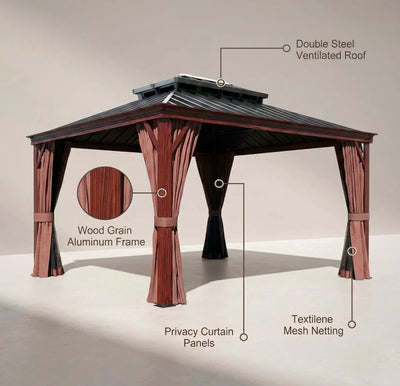 10 Ft. X 12 Ft. Wood Grain Aluminum Gazebo Galvanized Steel Double Top Roof with Curtains and Textilene Netting