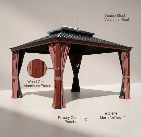 10 Ft. X 12 Ft. Wood Grain Aluminum Gazebo Galvanized Steel Double Top Roof with Curtains and Textilene Netting