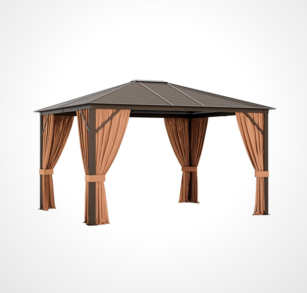 12 x10 Feet Outdoor Hardtop Gazebo with Galvanized Steel Top and Netting-Brown