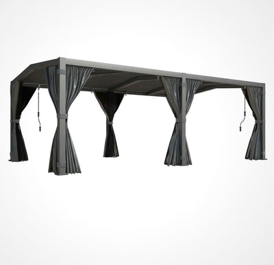 12X20 Louvered Pergola,Dark Grey Aluminum Frame with Adjustable Rainproof Roof, Featuring Waterproof Curtains and Nets