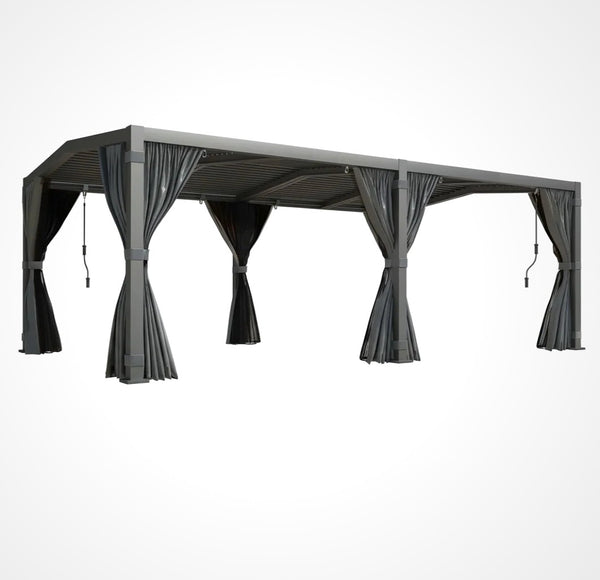 12X20 Louvered Pergola,Dark Grey Aluminum Frame with Adjustable Rainproof Roof, Featuring Waterproof Curtains and Nets
