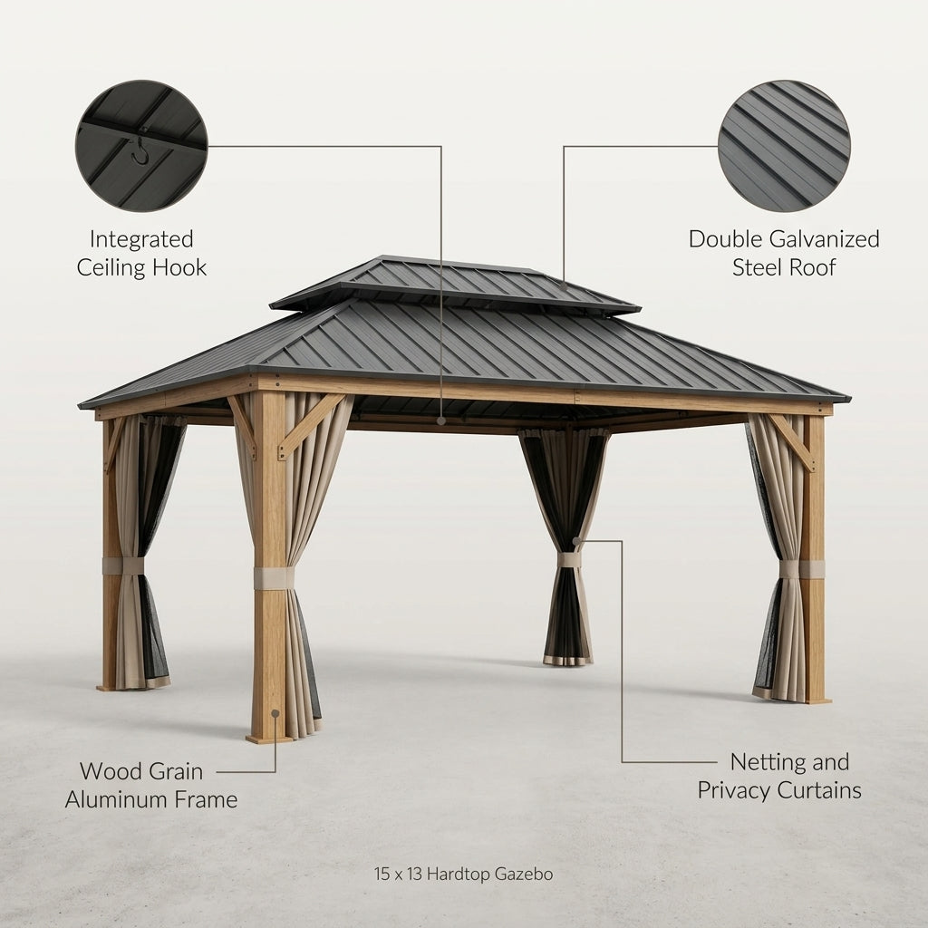 15 Ft. X 13 Ft. Wood Grain Aluminum Double Galvanized Steel Roof Gazebo with Ceiling Hook, Mosquito Netting and Curtains — Lifestyle