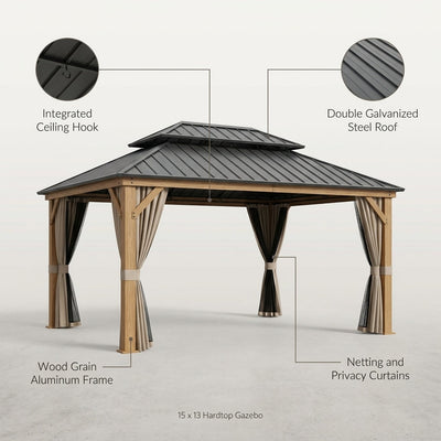 15 Ft. X 13 Ft. Wood Grain Aluminum Double Galvanized Steel Roof Gazebo with Ceiling Hook, Mosquito Netting and Curtains