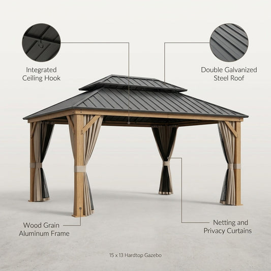 15 Ft. X 13 Ft. Wood Grain Aluminum Double Galvanized Steel Roof Gazebo with Ceiling Hook, Mosquito Netting and Curtains — Lifestyle