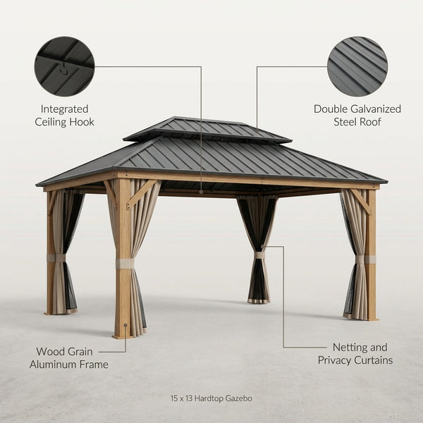 15 Ft. X 13 Ft. Wood Grain Aluminum Double Galvanized Steel Roof Gazebo with Ceiling Hook, Mosquito Netting and Curtains — Lifestyle
