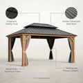 15 Ft. X 13 Ft. Wood Grain Aluminum Double Galvanized Steel Roof Gazebo with Ceiling Hook, Mosquito Netting and Curtains