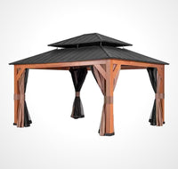 15 Ft. X 13 Ft. Wood Grain Aluminum Double Galvanized Steel Roof Gazebo with Ceiling Hook, Mosquito Netting and Curtains