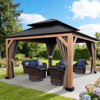 15 Ft. X 13 Ft. Wood Grain Aluminum Double Galvanized Steel Roof Gazebo with Ceiling Hook, Mosquito Netting and Curtains