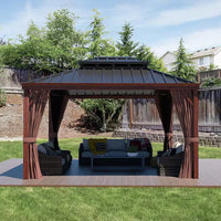10 Ft. X 12 Ft. Wood Grain Aluminum Gazebo Galvanized Steel Double Top Roof with Curtains and Textilene Netting