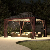 10 Ft. X 12 Ft. Wood Grain Aluminum Gazebo Galvanized Steel Double Top Roof with Curtains and Textilene Netting