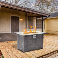42 In. Gray Rectangle Propane Gas Fire Pit Table 50,000 BTU with Lid, Glass Wind Guard, Waterproof Cover, Lava Rocks