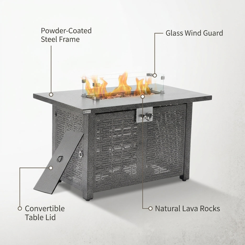 42 In. Gray Rectangle Propane Gas Fire Pit Table 50,000 BTU with Lid, Glass Wind Guard, Waterproof Cover, Lava Rocks — Lifestyle