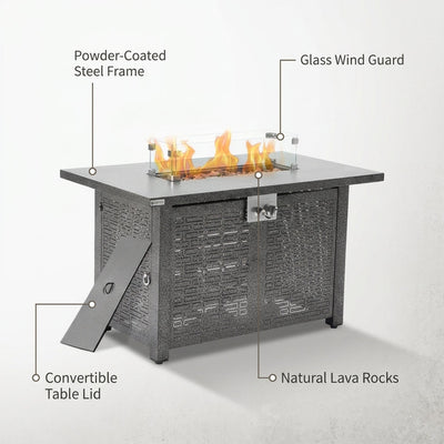 42 In. Gray Rectangle Propane Gas Fire Pit Table 50,000 BTU with Lid, Glass Wind Guard, Waterproof Cover, Lava Rocks