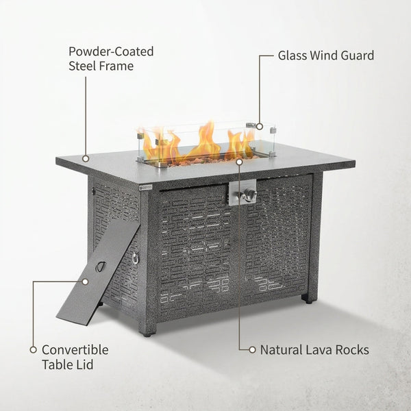 42 In. Gray Rectangle Propane Gas Fire Pit Table 50,000 BTU with Lid, Glass Wind Guard, Waterproof Cover, Lava Rocks — Lifestyle