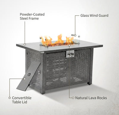 42 In. Gray Rectangle Propane Gas Fire Pit Table 50,000 BTU with Lid, Glass Wind Guard, Waterproof Cover, Lava Rocks