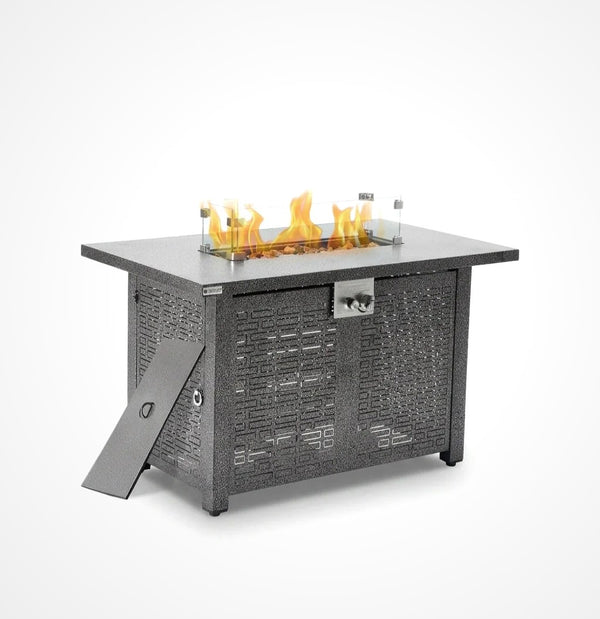 42 In. Gray Rectangle Propane Gas Fire Pit Table 50,000 BTU with Lid, Glass Wind Guard, Waterproof Cover, Lava Rocks