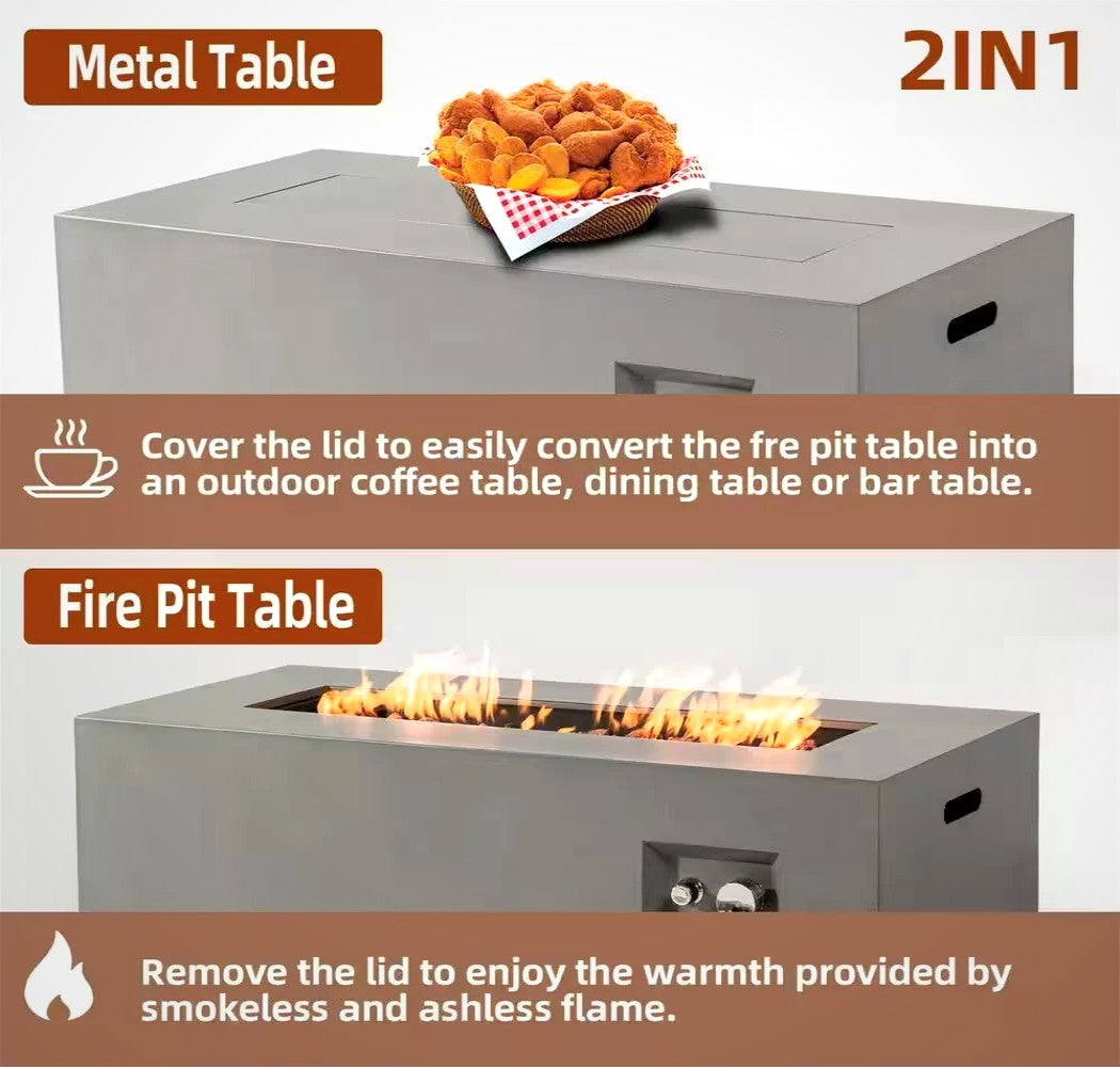 50000 BTU Rectangular Steel Fire Pit 42" Propane Gas Fire Pit Table Gray 2-Pieces for outside with Glass Wind Guard