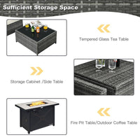 9-Pieces Patio Rattan Furniture Set Fire Pit Table Storage Black with Cover off White