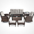 7 Piece Outdoor Patio Furniture Set, Patio Furniture Set with Fire Pit Table Rattan Wicker Patio Furniture Set, Brown Wicker & Beige Cushion