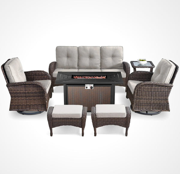 7 Piece Outdoor Patio Furniture Set, Patio Furniture Set with Fire Pit Table Rattan Wicker Patio Furniture Set, Brown Wicker & Beige Cushion