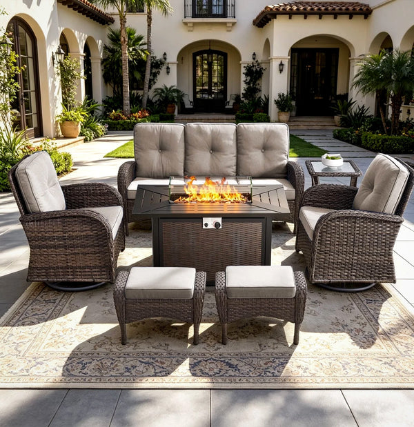 7 Piece Outdoor Patio Furniture Set, Patio Furniture Set with Fire Pit Table Rattan Wicker Patio Furniture Set, Brown Wicker & Beige Cushion
