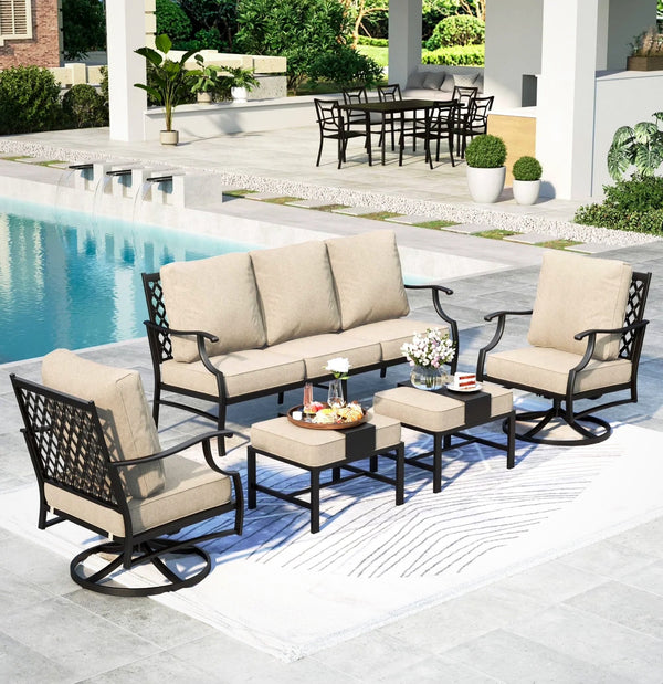 7-Seater Patio Conversation Set Metal Outdoor Furniture Set with Swivel Chairs and Ottomans - Beige