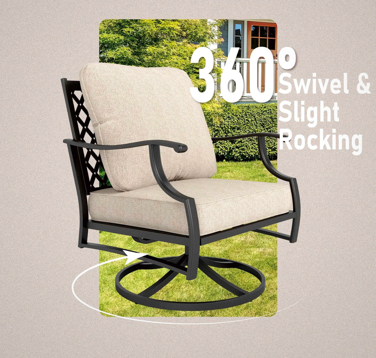 7-Seater Patio Conversation Set Metal Outdoor Furniture Set with Swivel Chairs and Ottomans - Beige