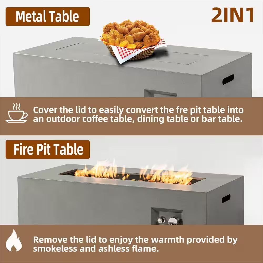50000 BTU Rectangular Steel Fire Pit 42" Propane Gas Fire Pit Table Gray 2-Pieces for outside with Glass Wind Guard