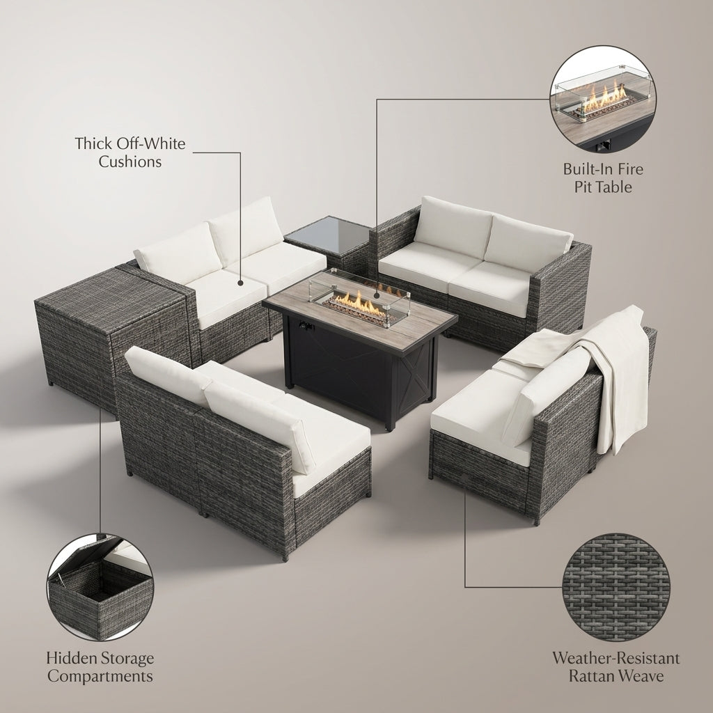 9-Pieces Patio Rattan Furniture Set Fire Pit Table Storage Black with Cover off White — Lifestyle
