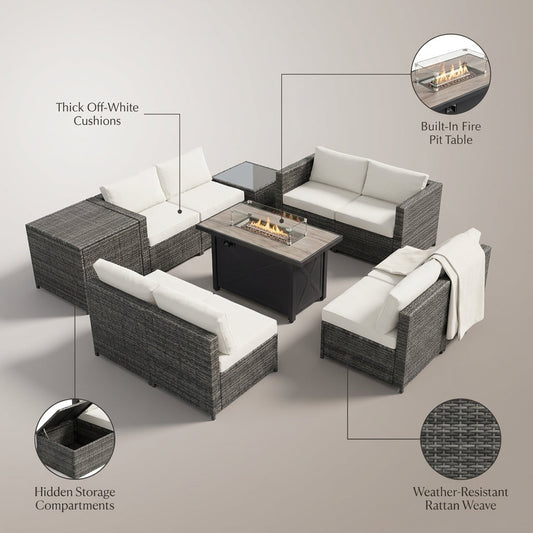 9-Pieces Patio Rattan Furniture Set Fire Pit Table Storage Black with Cover off White — Lifestyle