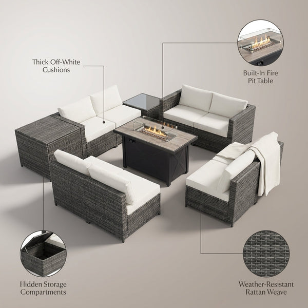 9-Pieces Patio Rattan Furniture Set Fire Pit Table Storage Black with Cover off White — Lifestyle