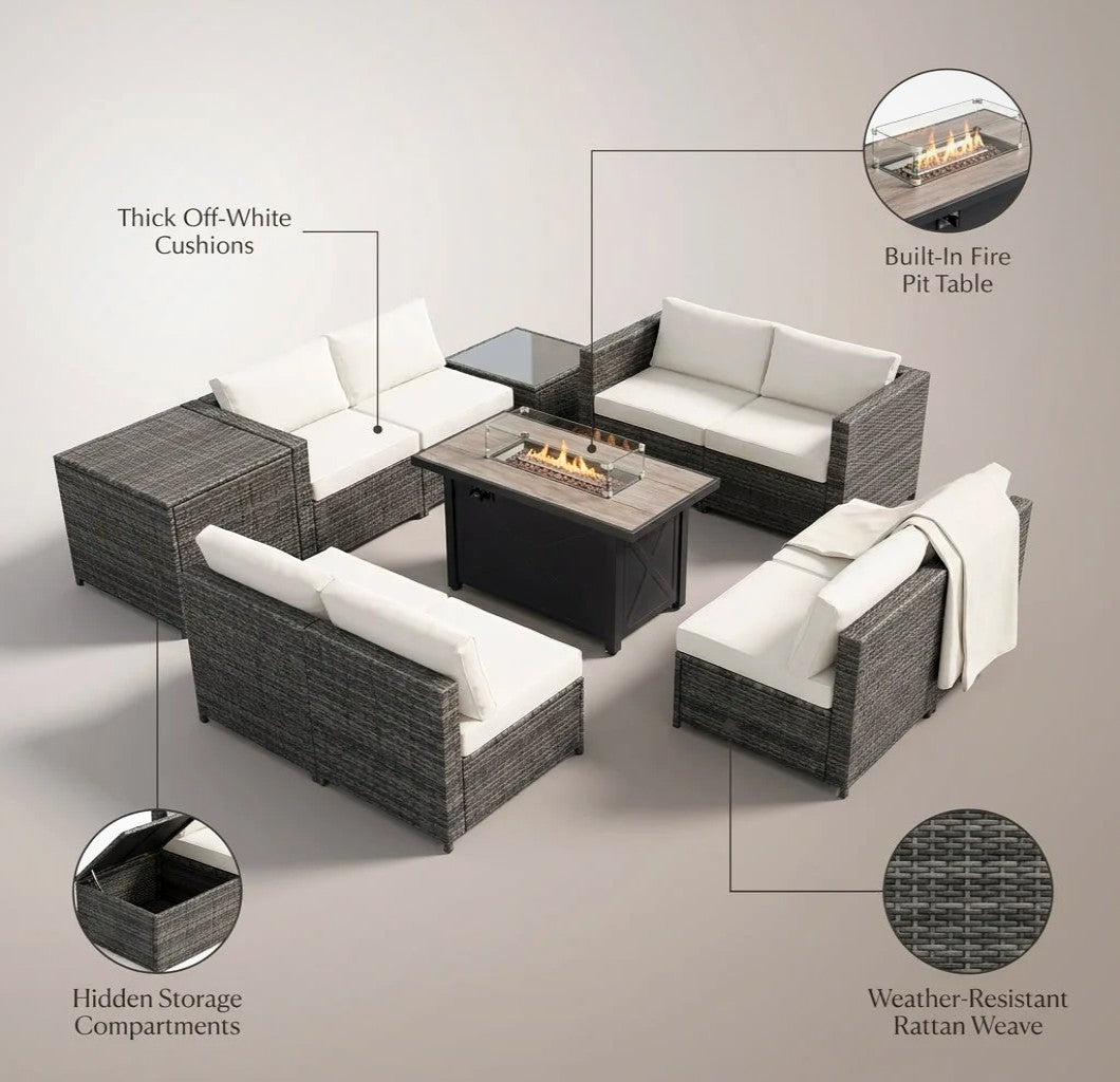 9-Pieces Patio Rattan Furniture Set Fire Pit Table Storage Black with Cover off White