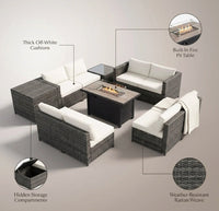 9-Pieces Patio Rattan Furniture Set Fire Pit Table Storage Black with Cover off White