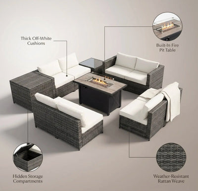 9-Pieces Patio Rattan Furniture Set Fire Pit Table Storage Black with Cover off White