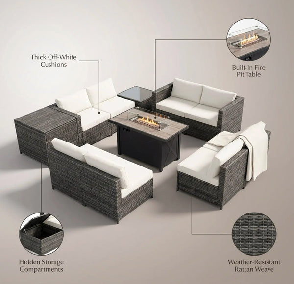 9-Pieces Patio Rattan Furniture Set Fire Pit Table Storage Black with Cover off White
