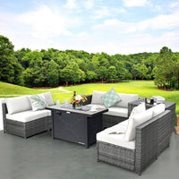 9-Pieces Patio Rattan Furniture Set Fire Pit Table Storage Black with Cover off White