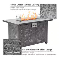 42 In. Gray Rectangle Propane Gas Fire Pit Table 50,000 BTU with Lid, Glass Wind Guard, Waterproof Cover, Lava Rocks
